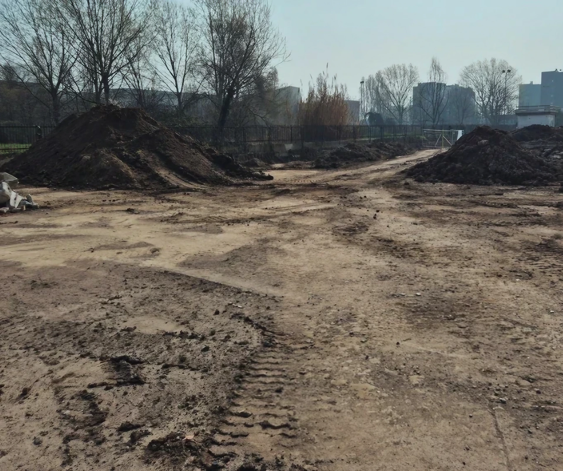 Area cantiere con terreno smosso, cumuli di terra e impronte di pneumatici