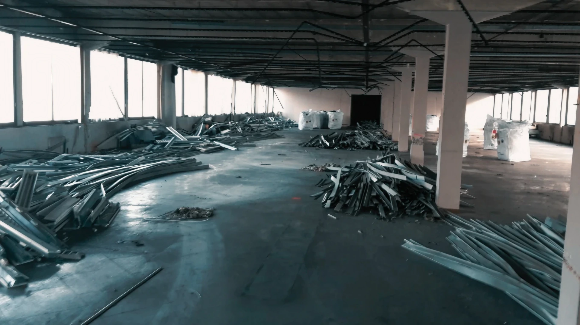 Interno cantiere con detriti metallici e sacchi, fase di strip out e bonifica.