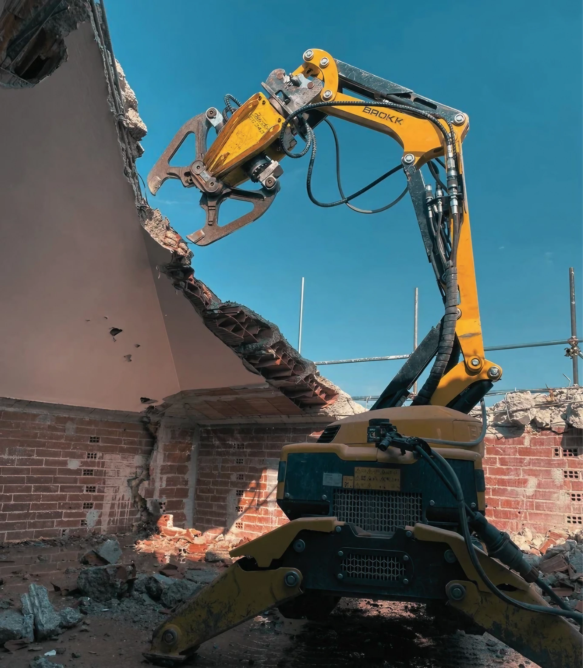 Robot Brokk giallo esegue demolizione controllata di parete interna, evidenziando precisione e sicurezza nel cantiere.