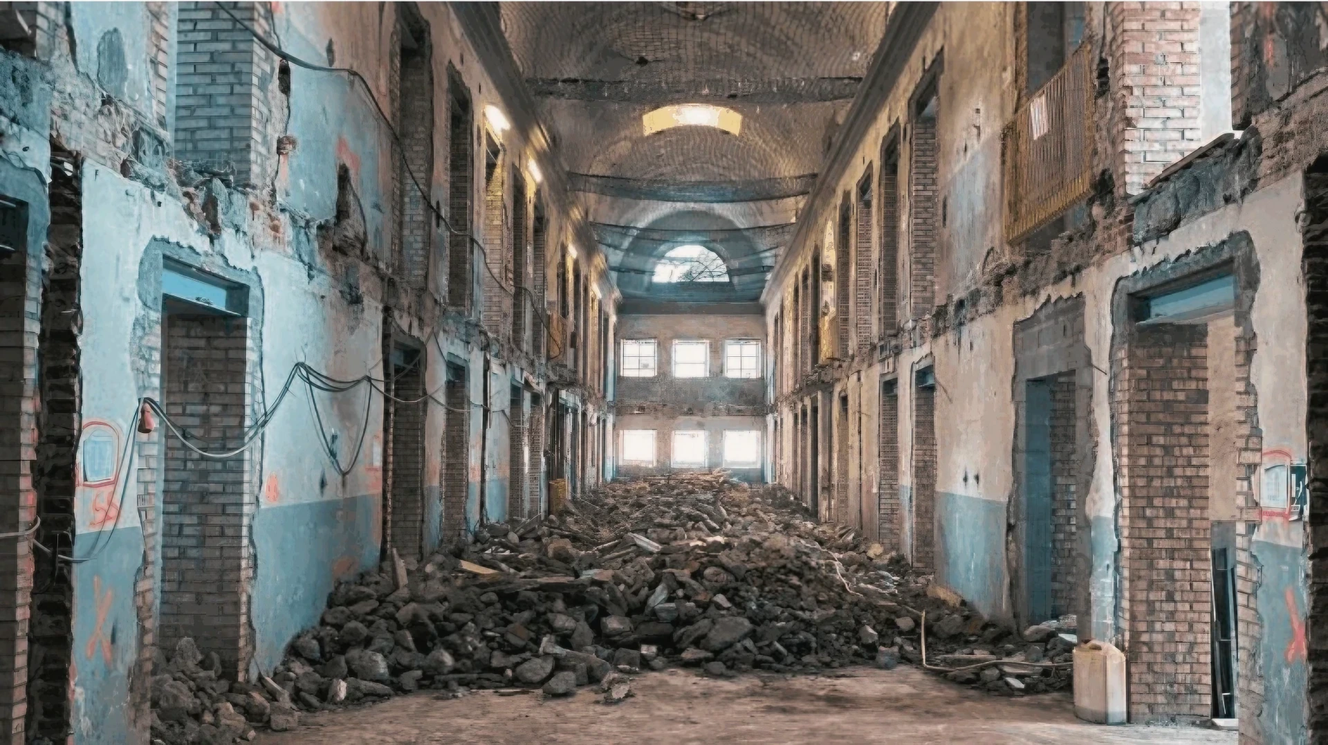 Interno di edificio in fase di strip out con macerie, pareti scrostate e rete di protezione, evidenziando interventi controllati.