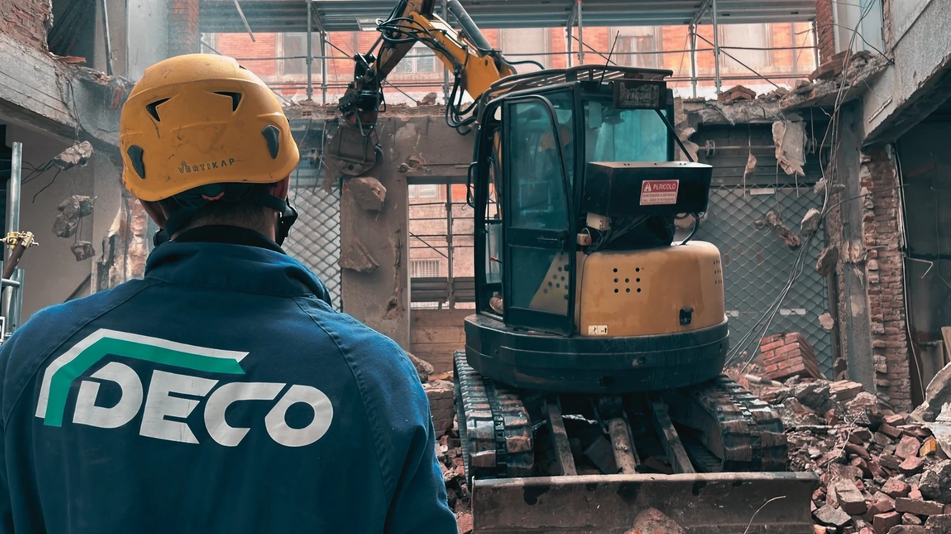 Operatore Deco supervisiona demolizione meccanica con mini-escavatore