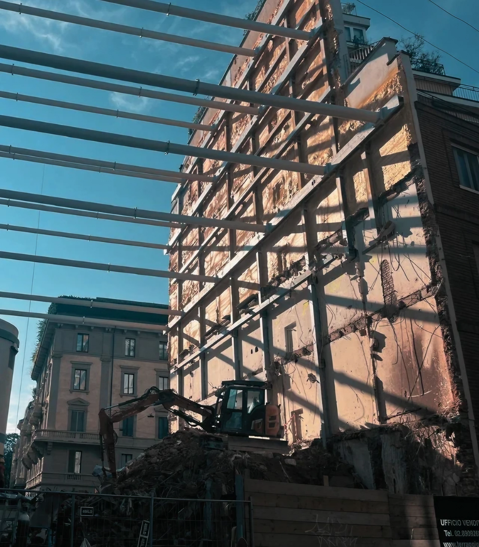 Demolizione controllata edificio urbano: escavatore e struttura di supporto.