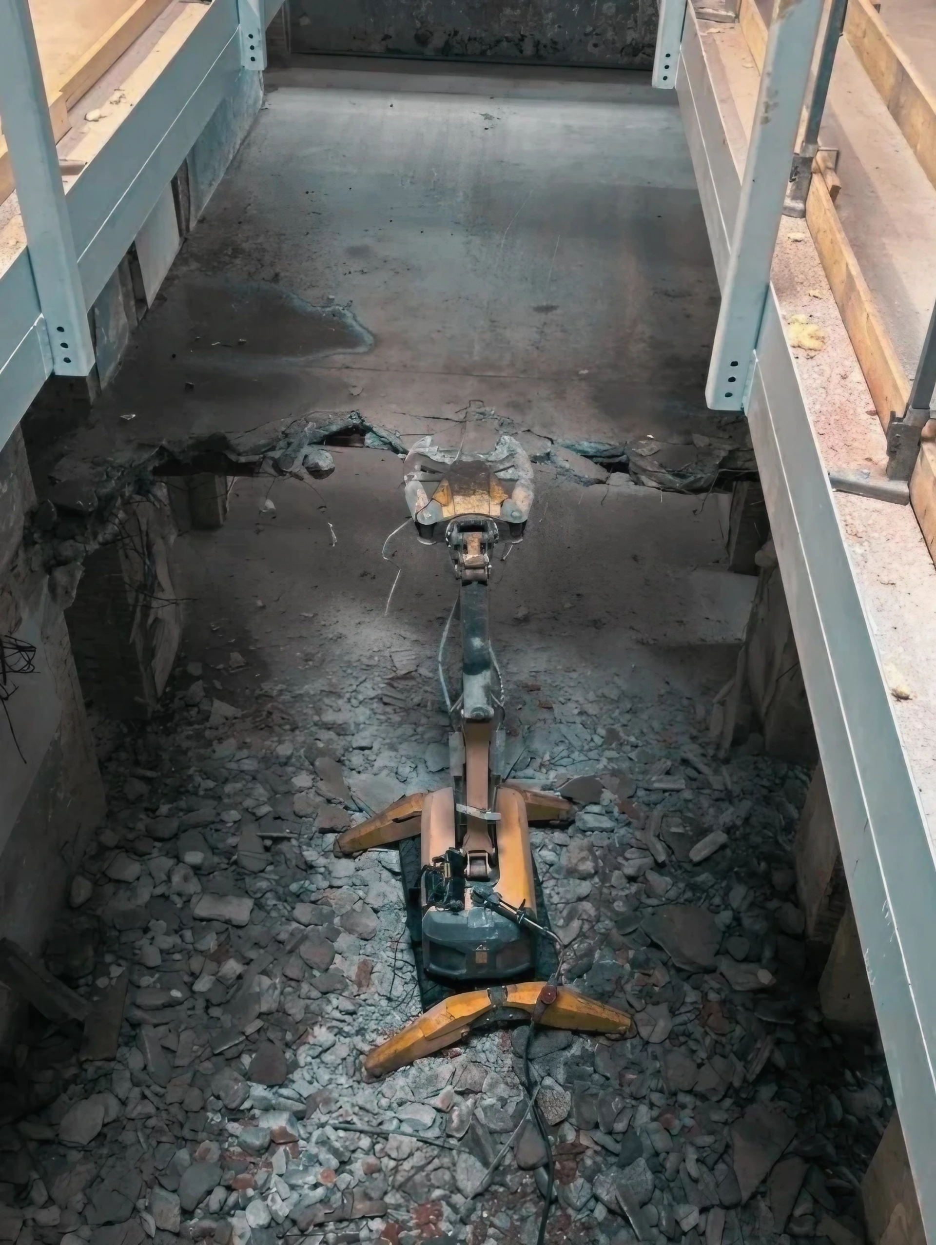 Robot meccanico per demolizioni controllate e tagli strutturali in cantiere.