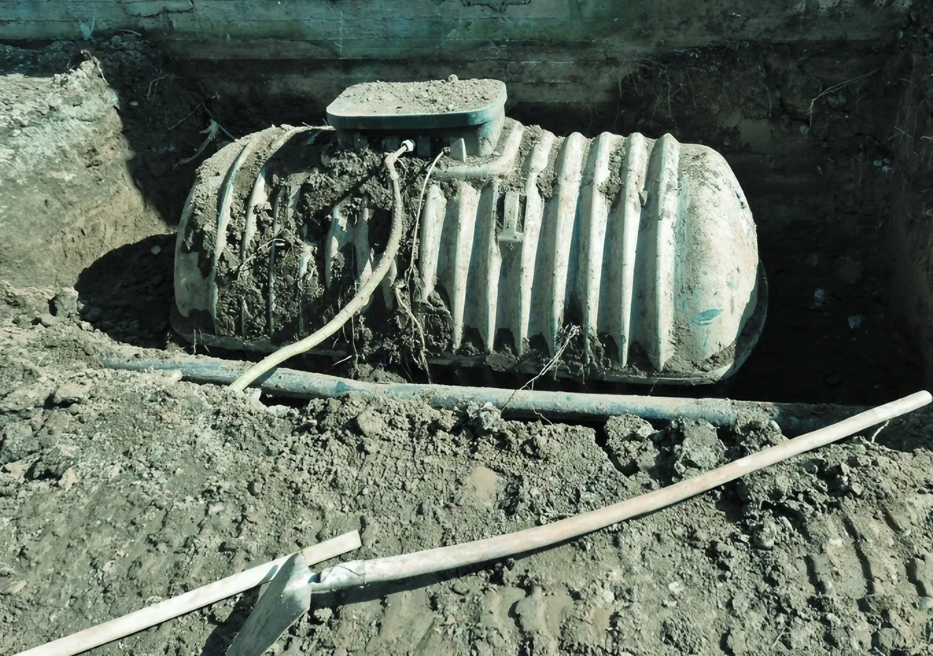 Serbatoio interrato in scavo, circondato da terra smossa e attrezzi. Lavori di preparazione cantiere e gestione infrastrutture.