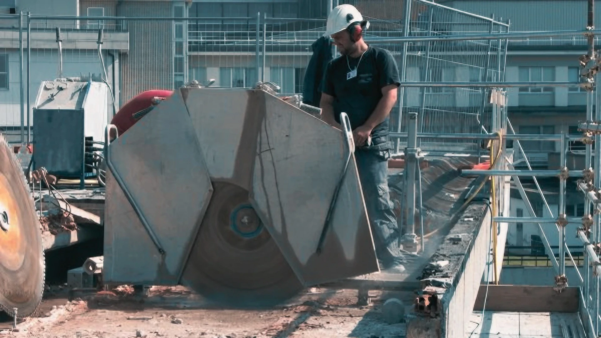 Operaio specializzato esegue taglio strutturale controllato con sega circolare su cantiere, garantendo precisione e sicurezza.